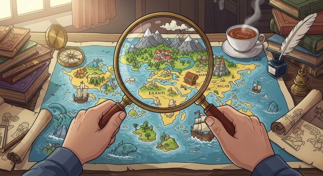 Magnifying glass over fantasy world map