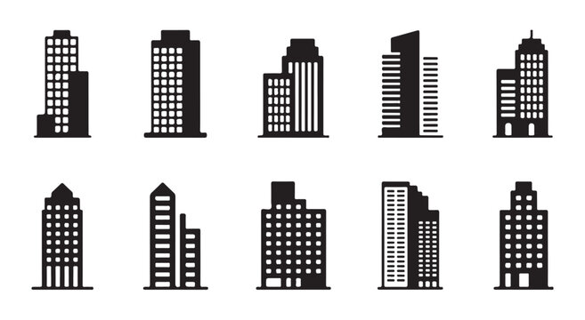 Set of ten simple black flat icons of tall buildings with many windows on white background.