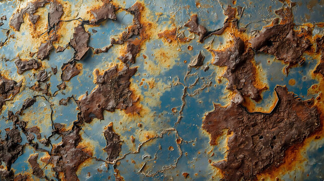 Detailed close-up of distressed blue painted metal with rust and peeling texture