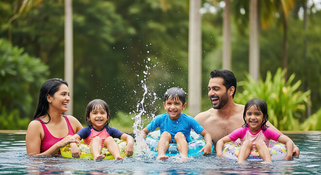 happy indian family enjoying together in swimming pool