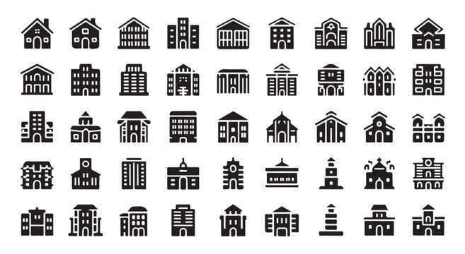 Extensive architectural icon set showcasing diverse residential and institutional buildings.