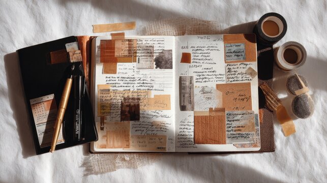 Open notebook with collage elements, washi tape, and pens alongside a closed notebook. Warm light falls upon the scene