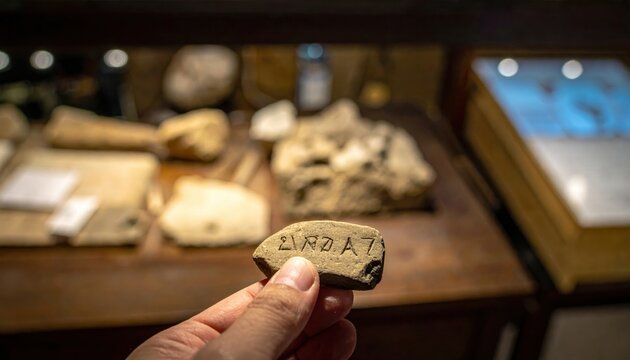 A hand holding a small clay tablet inscribed with ancient Linear A script, an archaeological discovery from a Minoan palace.