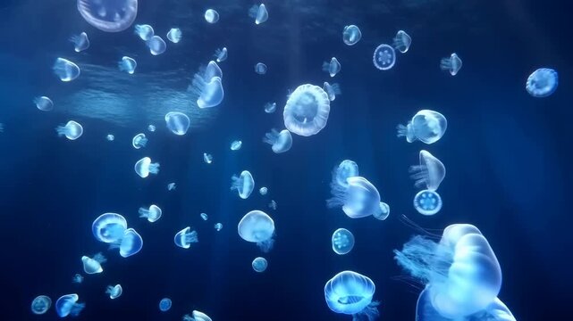 Ethereal jellyfish gracefully floating in deep blue ocean waters. Captivating marine life showcasing the beauty of underwater ecosystems