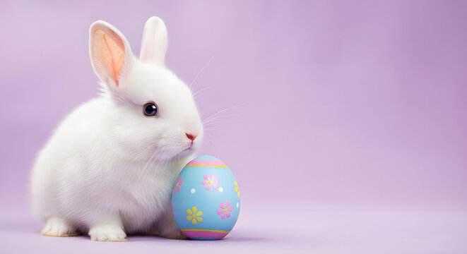 A fluffy white baby bunny sits next to a vibrant blue decorative easter egg featuring colorful floral patterns and stripes
