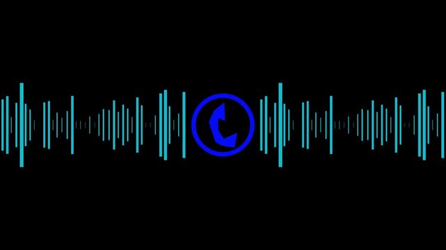 call recording visual effect with audio spectrum animation on alpha background, sky blue and blue glowing squares with phone icon for two-person conversation, audio waveform 4k video.