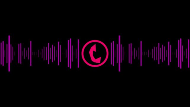 call recording visual effect with audio spectrum animation on alpha background, pink and red glowing squares with phone icon for two-person conversation, audio waveform  4k video.