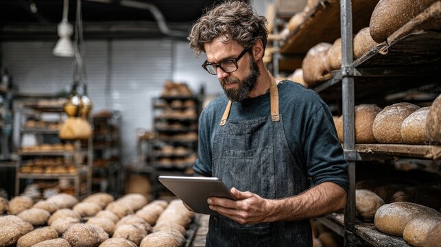 Professional baker uses a digital tablet to check inventory inside a rustic artisan bakery.