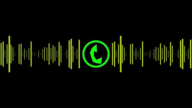 call recording visual effect with audio spectrum animation on alpha background, green and yellow glowing squares with phone icon for two-person conversation, audio waveform 4k video.