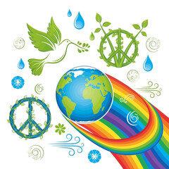 Naklejka premium Peaceful Dove Flies Above Colorful Earth and Rainbow Landscape