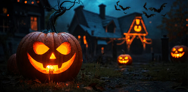 Realistic spooky halloween night landscape scene with glowing jack-o-lantern horror creepy pumkin and flying bats at haunted house mysterious dark fantasy background.