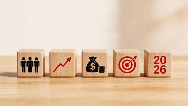 Business goals strategy planning concept for success growth profit target achievement and future timeline represented by wooden cubes icons with people money chart arrow graphic
