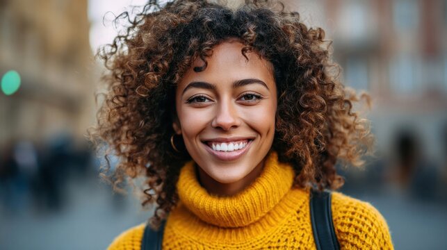 Portrait of a beautiful woman with curly hair smiling brightly at the camera