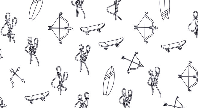 Seamless sports activity pattern outline style fitness equipment background design