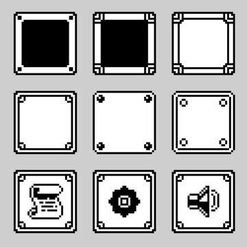 Pixel art frame and tile set in retro 8-bit style. Includes square borders, decorative corners and UI slots with sample icons, RPG inventory grids, menus and game interface design.