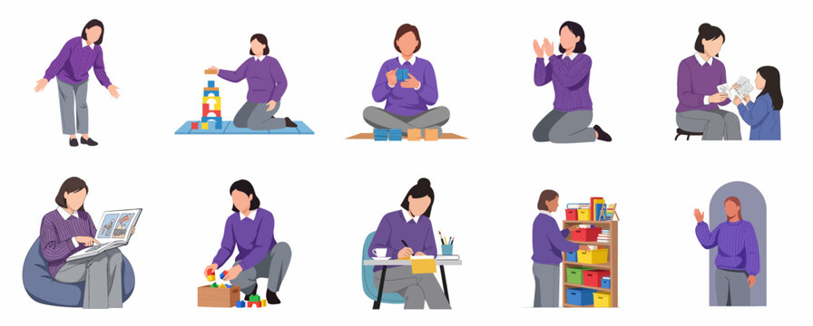 Female teacher or mother character set engaging in various educational activities, playing with blocks, reading books, and organizing a classroom in flat vector style.