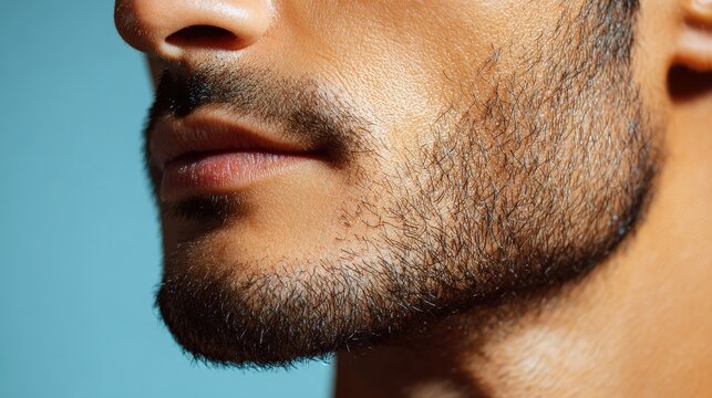 side profile view captures the textured stubble on the jawline of a man against a blue background.