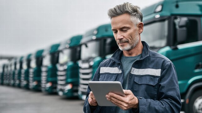 Truck driver using a tablet to check the fleet of trucks.