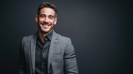 Obraz premium Smiling businessman in a gray suit looking at the camera with a confident expression