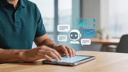 Fototapeta premium Businessman typing on tablet artificial intelligence robot hologram interface chatbot data analysis graph customer service automation technology concept modern digital workplace