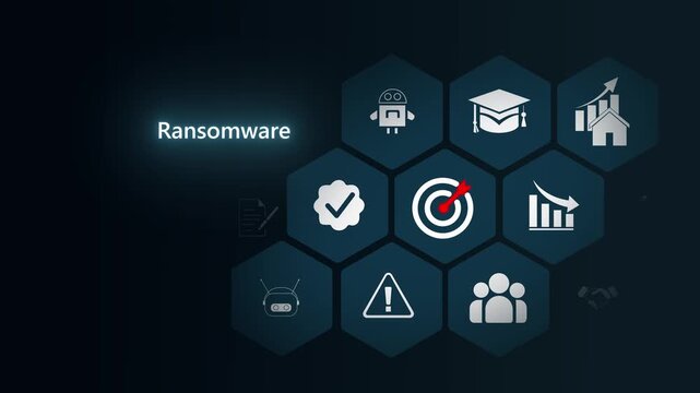 Animation of x mark on ransomware text over circuit board pattern and changing numbers in background. animation on transparent background.