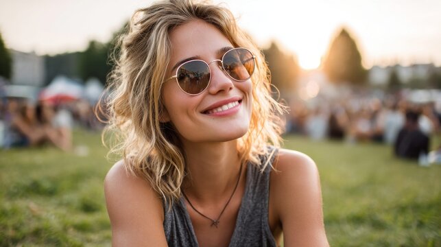Smiling woman wearing sunglasses at an outdoor music festival during golden hour