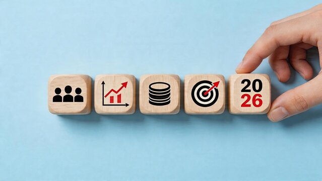Business planning strategy for future growth and success with wooden cubes symbols on blue background