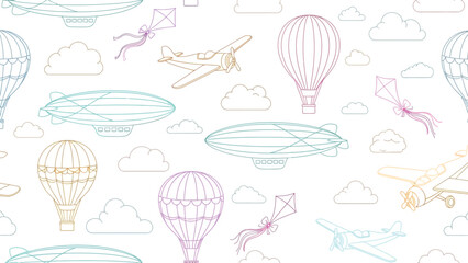 Seamless pattern with cute air travel objects featuring hot air balloons kites zeppelins and small airplanes illustrated in soft pastel colors on white backdrop. © hossain