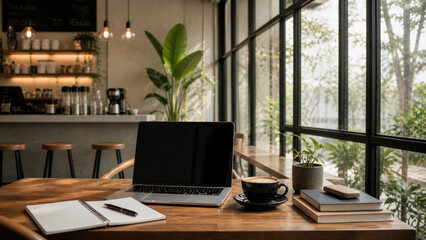 Fototapeta premium modern cafe workspace with laptop, notebook and coffee, no people, clean minimalist design, calm productivity mood, soft daylight, urban living aesthetic, editorial style composition