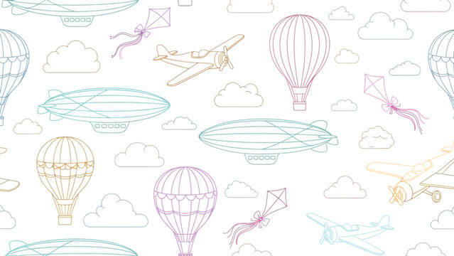 Seamless pattern with cute air travel objects featuring hot air balloons kites zeppelins and small airplanes illustrated in soft pastel colors on white backdrop.