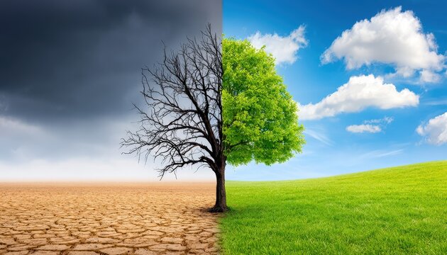 A tree stands at the center, with one half barren under a dark sky and cracked ground, the other half lush and green under a bright, blue sky.