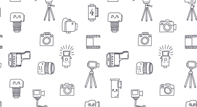 Seamless photography equipment pattern outline style camera studio background
