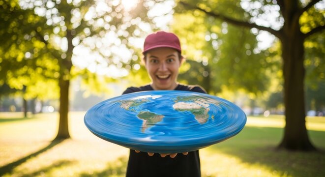 Person holding a spinning flat earth model