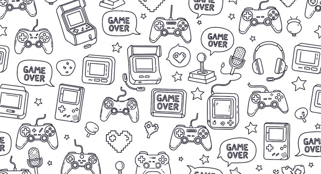Seamless gaming pattern outline style video game controller background design