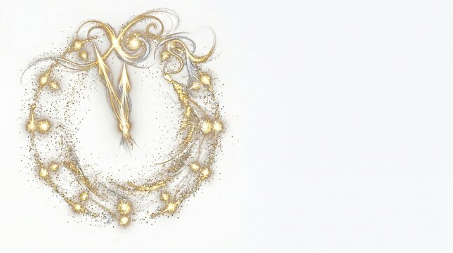 An elegant clock face created from swirling golden dust particles and shimmering light flares designed for a festive celebration during the final countdown to the new year midnight holiday season.
