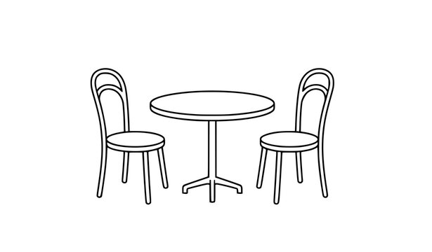 Cafe table with two chairs simple line icon black and white cartoon furniture vector illustration