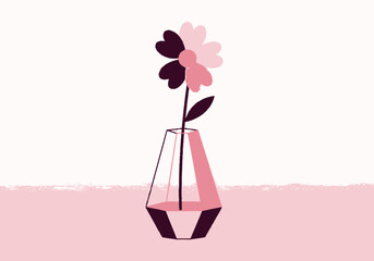 Minimalist Bicolor Flower Illustration in a Modern Geometric Vase Against a Serene Pink Background, a Contemporary Art Piece with Simple Elegance and Graphic Charm © kkuru