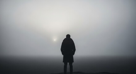 Obraz premium Person silhouetted in vast fog, looking out