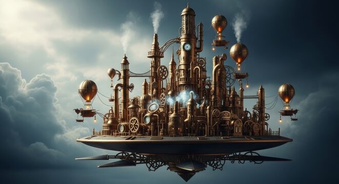 Miniature Steampunk City Model Floating in Sky