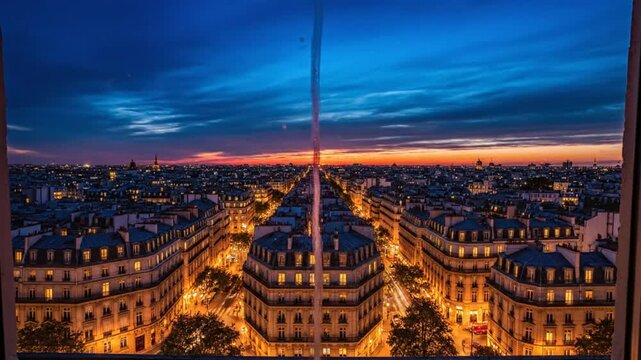 Time-lapse of the sunset over Paris, France, viewed from a window, showcasing beautiful cityscape lights.