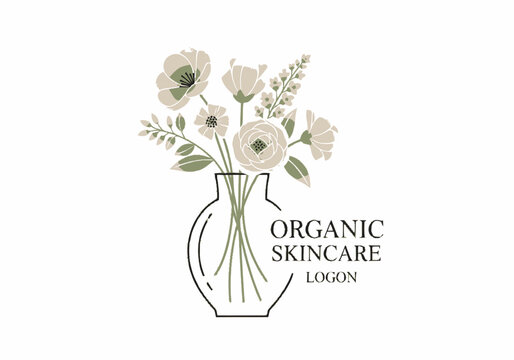 Elegant floral logo for organic skincare, delicate flowers in a vase, modern branding for natural beauty products
