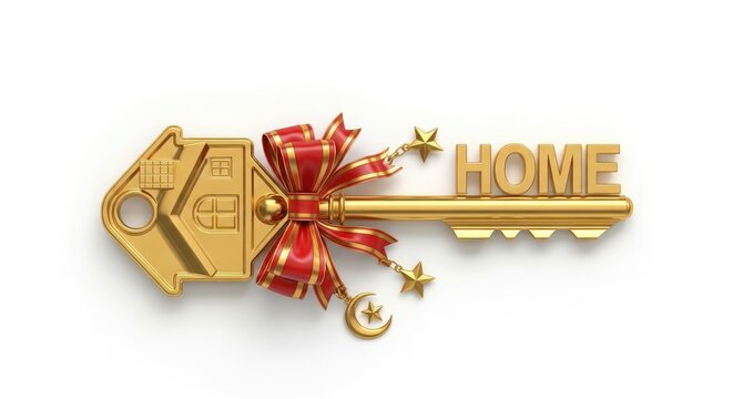Golden key with decorative bow and ribbon celebrating home ownership on a white background.