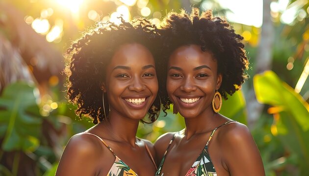 Two women with dark skin and curly hair smiling
