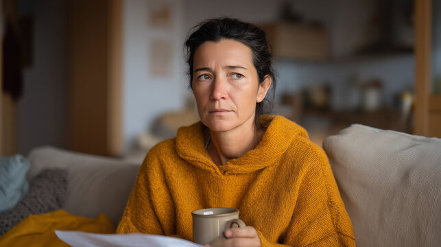 Divorced mother sitting in her newly quiet apartment with a college move-in checklist on her lap and a half-drunk mug of tea, the empty nest transition visible in her expression, caught between acco
