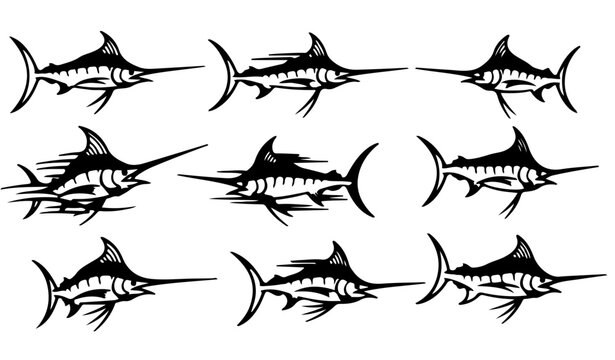 blue marlin swordfish silhouette collection for fishing tournament, jumping sailfish vector set for nautical and marine designs