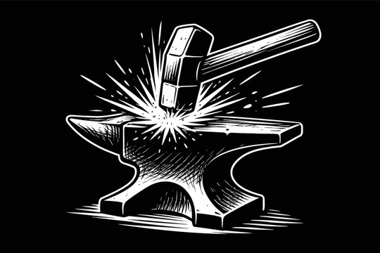 Vintage style black and white vector illustration of a heavy sledgehammer striking a steel anvil with glowing sparks, symbolic of blacksmithing, metalwork, craftsmanship, and industrial labor.