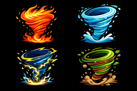 Set of four stylized elemental tornado vector illustrations featuring fire, water, lightning, and earth themes with vibrant colors and dynamic motion isolated on a black background for games.