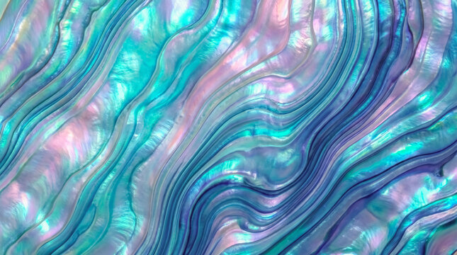 Abstract iridescent background in New Zealand paua shell style, flowing holographic mother of pearl texture. 