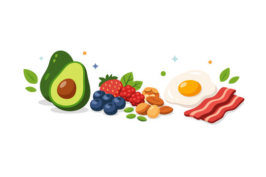 Ketogenic Diet Food Set Vector Illustration Featuring Fresh Avocado, Mixed Berries, Healthy Nuts, Seeds, Fried Egg, and Crispy Bacon Strips for Low Carb Nutrition and Healthy Lifestyle Concept.