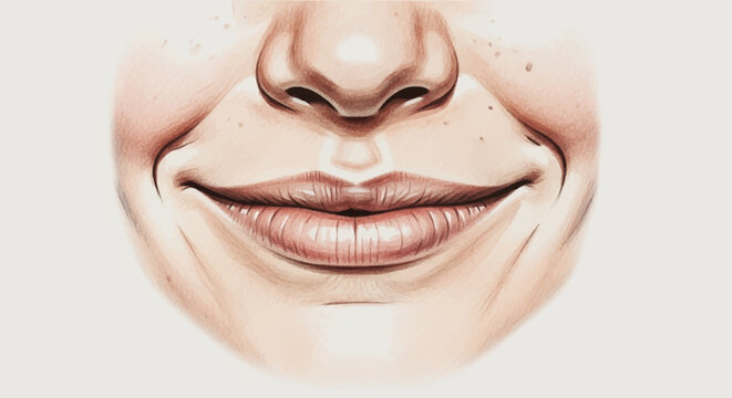 Smiling mouth and nose of a caucasian woman with freckles